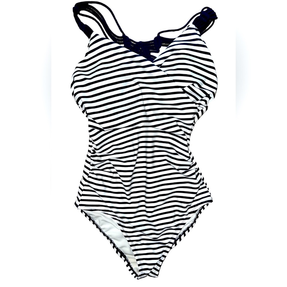 Women's Shirred Macrame Strap Navy Striped One Piece Swimsuit - Kona Sol Small